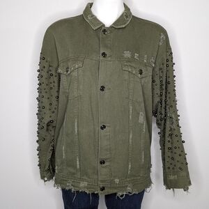 Sunset + Spring green denim grey bead boho oversized jean jacket L